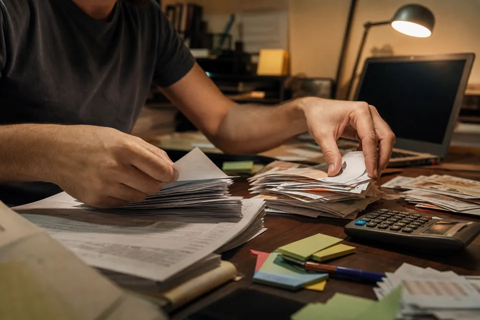 Hands sorting printed discount coupons and customer contracts into piles on a desk