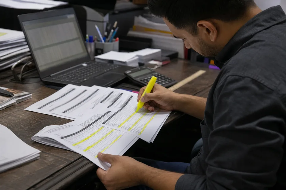 Analyst highlighting discounted lines on printed invoices
