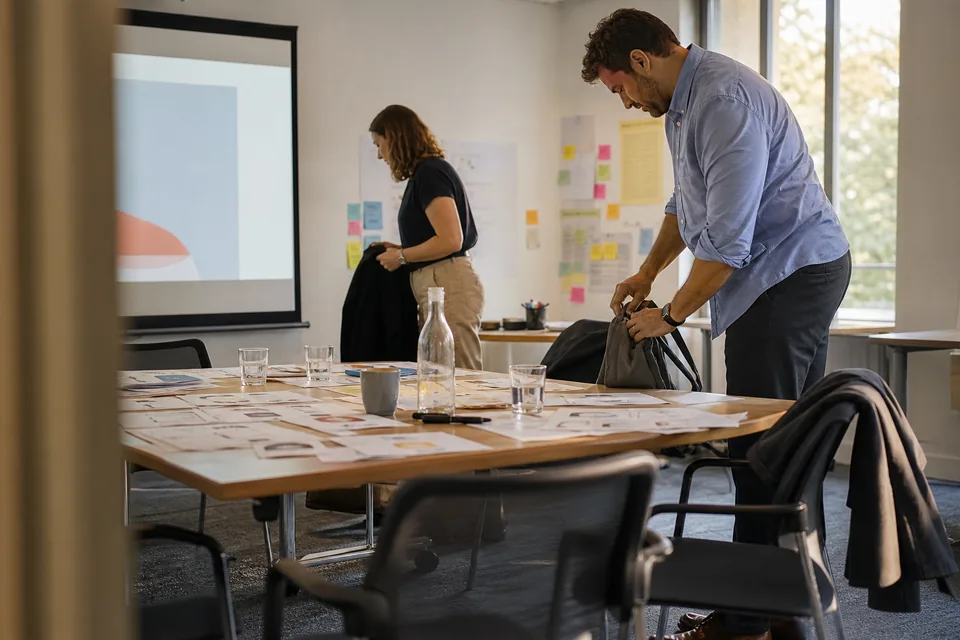 Workshop room after a consulting session with slides and notes